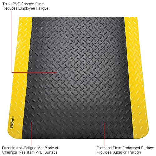 Global Industrial Diamond Plate Ergonomic Mat 15/16" Thick 3' x 12' Black/Yellow Border - Image 3
