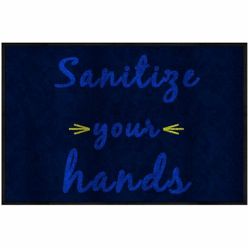 M+A Matting Sanitize Your Hands - Carpeted Message Mat 3/8" Thick 2' x 3' Navy Blue/Black