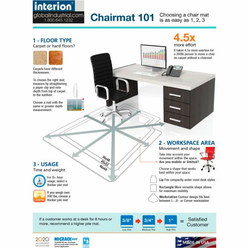 Interion By Global Industrial Interion® Office Chair Mat for Carpet - 45"W x 53"L with 25" x 12" Lip - Straight Edge - Image 9