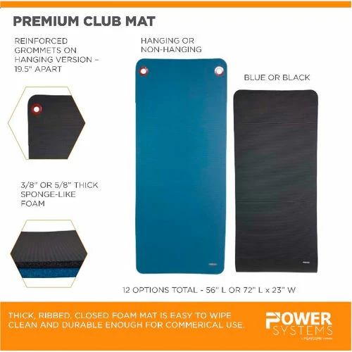 Power Systems Premium Club Exercise Mat - 56"L x 23"W x 5/8" Thick - Jet Black - Image 2